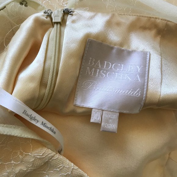 Badgley Mischka Bridesmaids Floor Length Pale Yellow Lace Overlay Mesh Back Gown - Picture 3 of 10
